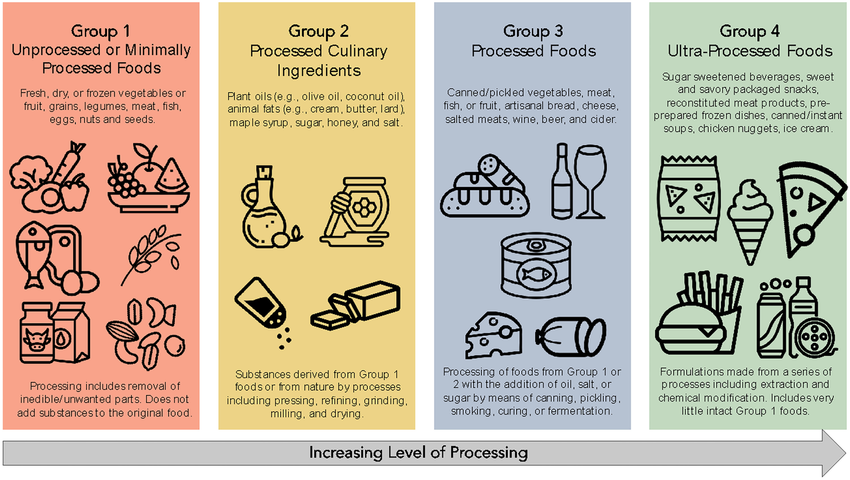 Food processing spectrum from whole foods to ultra-processed foods